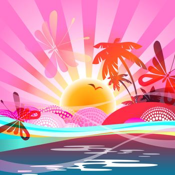 Summer background with sun, ocean, and island 