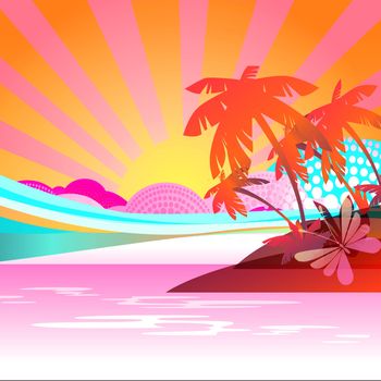 Abstract Summer background with sun, ocean, and palms 