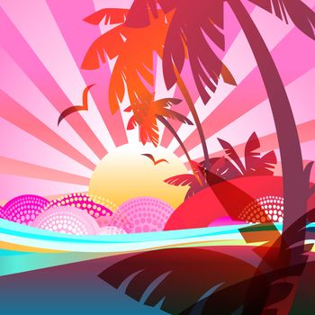 Abstract Summer background with sun, ocean, and birds