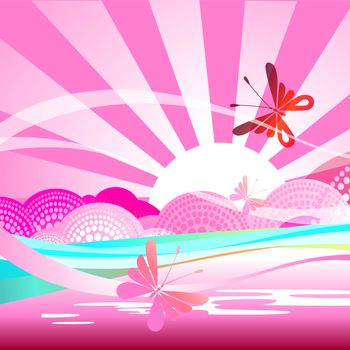abstract pink Summer background with sun and butterfly