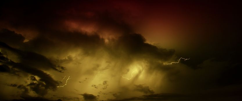 Beautiful lightning bolt panoramic duotone with threatening dark clouds