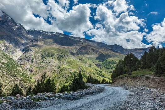 Road in Himalayas. Lahaul valley, Himachal Pradesh, India