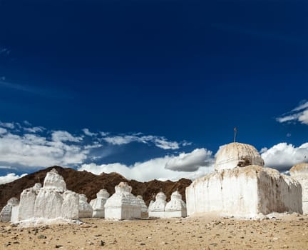 Whitewashed chortens (Tibetan Buddhist stupas). Ladakh, Jammu and Kashmir, India