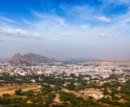 Holy city Pushkar aerial view from Savitri temple. Rajasthan, India