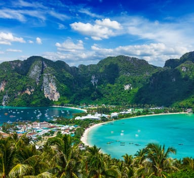 Travel vacation background - Tropical island with resorts - Phi-Phi island, Krabi Province, Thailand