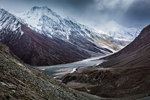 Severe mountains - Spiti valley, river, road in Himalayas. Himachal Pradesh, India