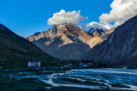 Jispa village in Himalayas on sunset. Lahaul valley, Himachal Pradesh, India