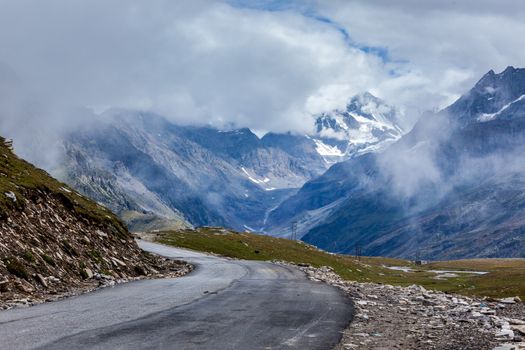 Road in Himalayas. Rohtang La pass, Himachal Pradesh, India