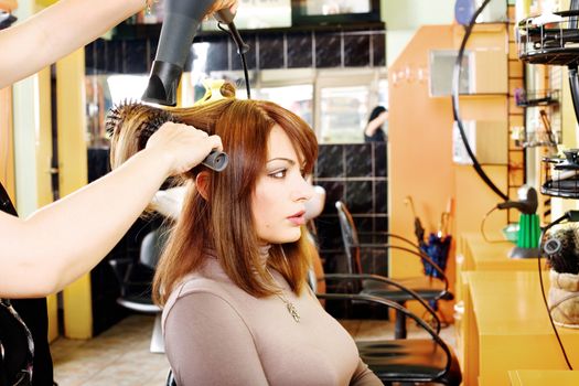 hairdresser makes a hair dress to the young brunette customer