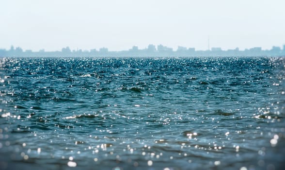 Foggy view of the city , with an image of the sea, the ship