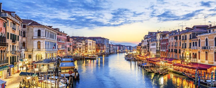 Panoramic view of famous Grand Canal at sunset, Venice 