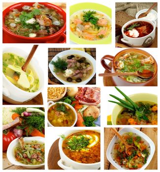 Collection of Various Soups with Vegetables, Meat, Fish and Sour Cream