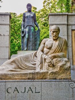 Madrid, May 2012. Santiago Ramon y Cajal (1852 - 1934) monument in Retiro gardens in Madrid. Prestigious Spanish scientist on neurology, Nobel prize in 1906. Sculptor Victorio Macho, 1926.