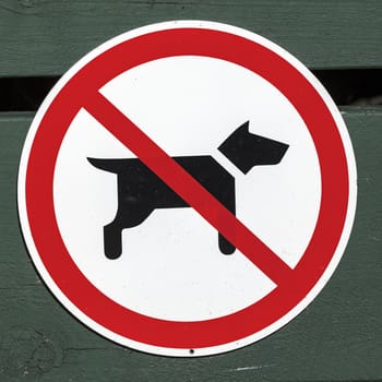 No dogs sign seen on the green wooden fence