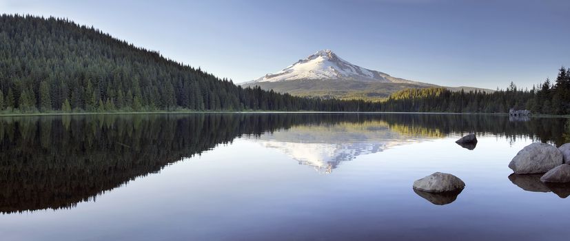 Mt Hood Reflection on Trillium Lake with Clear Blue Sky Panorama