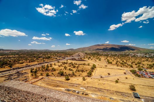Wide view of ancient city of Teotihuacan near Mexico City with the Pyramid of the Moon