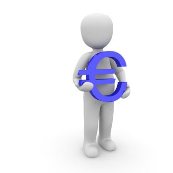 A character holding an blue sign euro in hands.