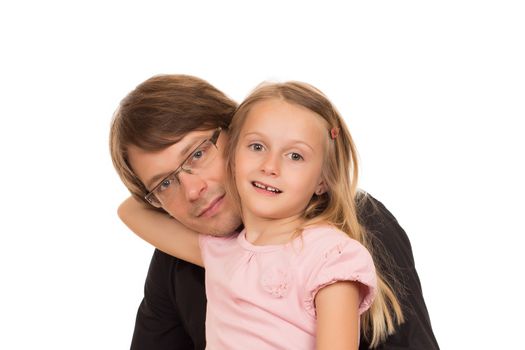 Portrait of father and her daughter. Isolated on a white background.