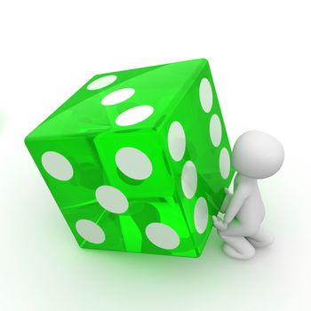 A character tries to as large green cube like himself.