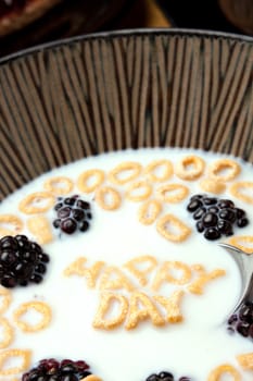 The words HAPPY DAY spelled out of letter shaped cereal pieces floating in a milk filled cereal bowl.