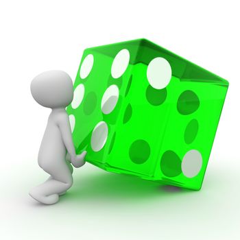 A character tries to lift as large green cube like himself.