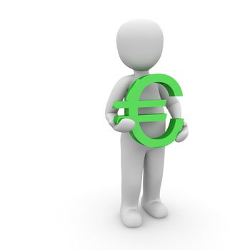A character holding an green sign euro in hands.