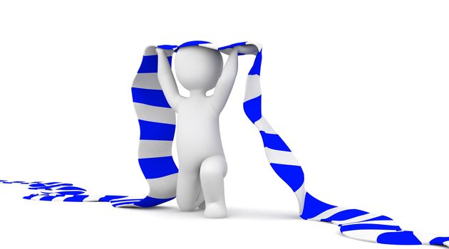 The character is a soccer fan and holding a blue white scarf in hands.