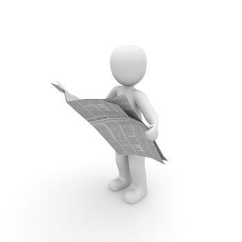 The character reads a report in the newspaper.