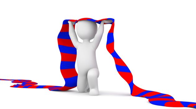 The character is a soccer fan and holding a red and blue scarf in hands.