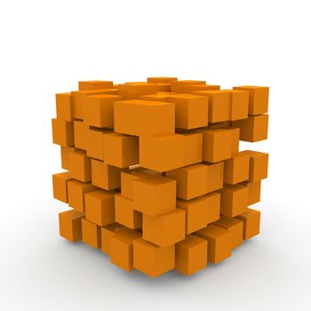 The orange blocks are assembled into a cube.