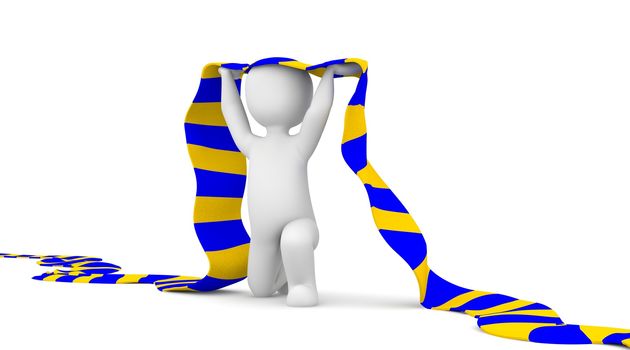 The character is a soccer fan and holding a blue and yellow scarf in hands.