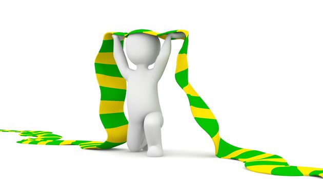 The character is a soccer fan and holding a green and yellow scarf in hands.