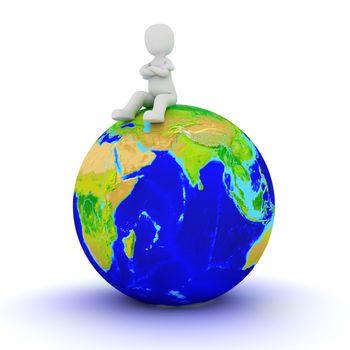 The character sitting pensively on a world globe.