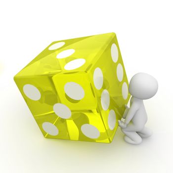 A character tries to lift as large yellow cube like himself.