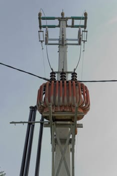 Transformer on high power station. High voltage