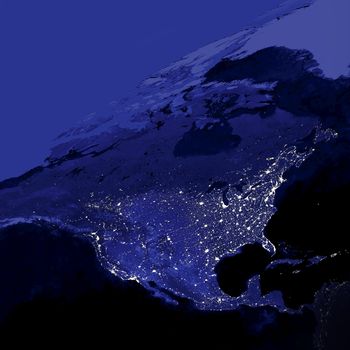 This image of United States city lights was created with data from the Defense Meteorological Satellite Program (DMSP) Operational Linescan System (OLS). Originally designed to view clouds by moonlight, the OLS is also used to map the locations of permanent lights on the Earth's surface.

The brightest areas of the Earth are the most urbanized, but not necessarily the most populated. 
Cities tend to grow along coastlines and transportation networks. 
Even without the underlying map, the outlines of many continents would still be visible. 

The United States interstate highway system appears as a lattice connecting the brighter dots of city centers.
Even more than 100 years after the invention of the electric light, some regions remain thinly populated and unlit.

The Earth Observatory describe how N.A.S.A. scientists use city light data to map urbanization.

N.A.S.A. Public Image Edited.