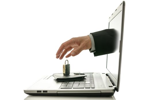 Male hand coming out of laptop monitor trying to steal ones wallet only to find it under padlock.