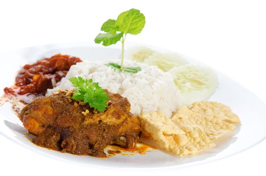 Nasi lemak is traditional malaysia spicy rice dish. Served with belacan, ikan bilis, acar, peanuts and cucumber. Isolated on white background, popular malaysian food. Asian cuisine.