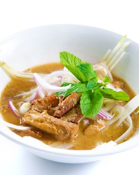 Assam or asam laksa  is a sour, fish-based soup. Traditional Malay dish, malaysian food, Asian cuisine.