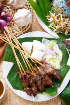 Satay or sate, skewered and grilled meat, served with peanut sauce, cucumber and ketupat. Traditional Malaysian food. Delicious hot and spicy Malay dish, Asian cuisine.