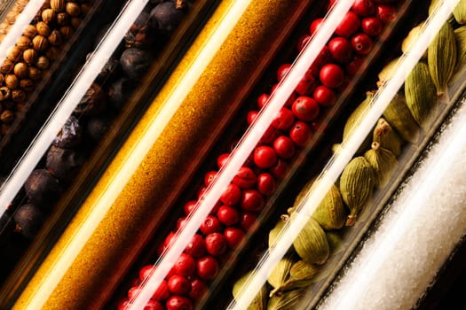 Spices in beakers close up