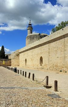 Famous fortification wall surrounding Aigues-Mortes city and tower of Constance, Camargue, France