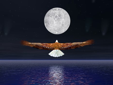 Beautiful eagle flying to the full moon by night with comets and stars