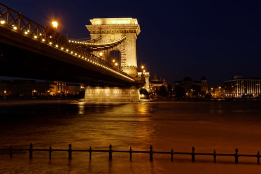 Night image with traffic of the hungarian chain Bridge extremly high donau