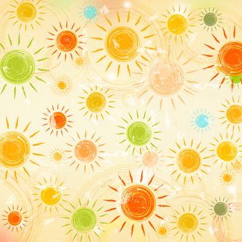 vintage summer background with drawn motley suns over old paper