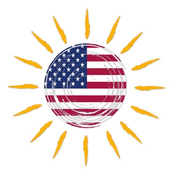 USA flag in drawn sun with yellow rays isolated