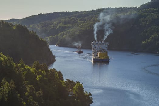 MV North Sea Giant are in the Ringdasfjord in Halden, Norway and waiting for two tugs that will tow the ship into open waters