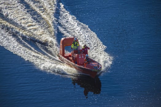 The boat check the water-depth in Ringdalsfjord in Halden, Norway to see if Mv North Sea Giant can be towed out to the open sea.