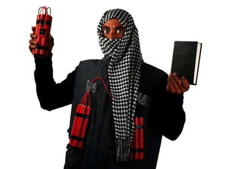 A man strapped with with dynamite also holds a manual in his hands.