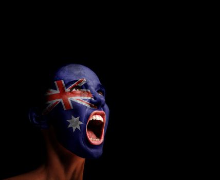The Australian flag on the face of a screaming woman. concept
